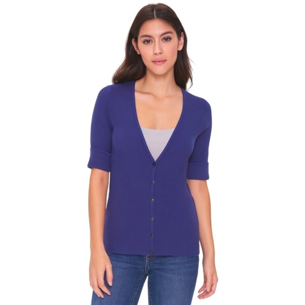 The Limited Royal Blue Ribbed Short‎ Sleeve Cardigan V-Neck Button Front L 90-36